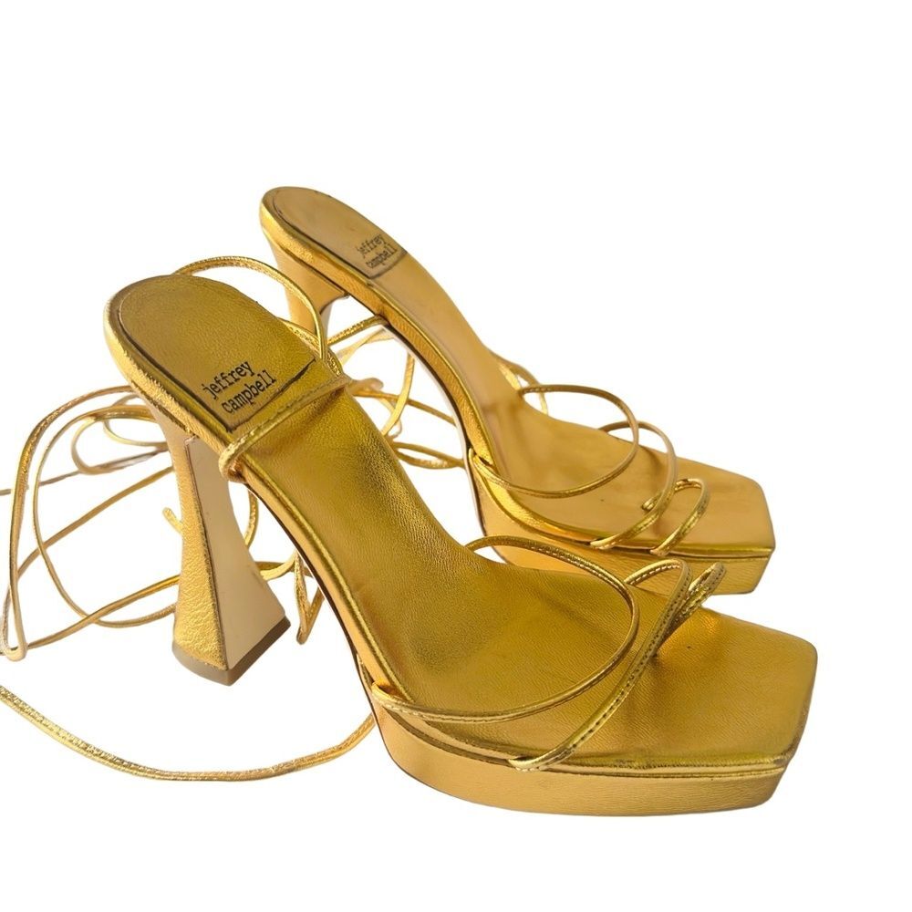 Jeffrey Campbell Platform Sandals 8 Strappy Ankle Wrap Party Y2K Gold Primadonna - Picture 2 of 10